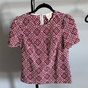 Sezane Burgundy & White Floral Lace-Effect Short Sleeve Top